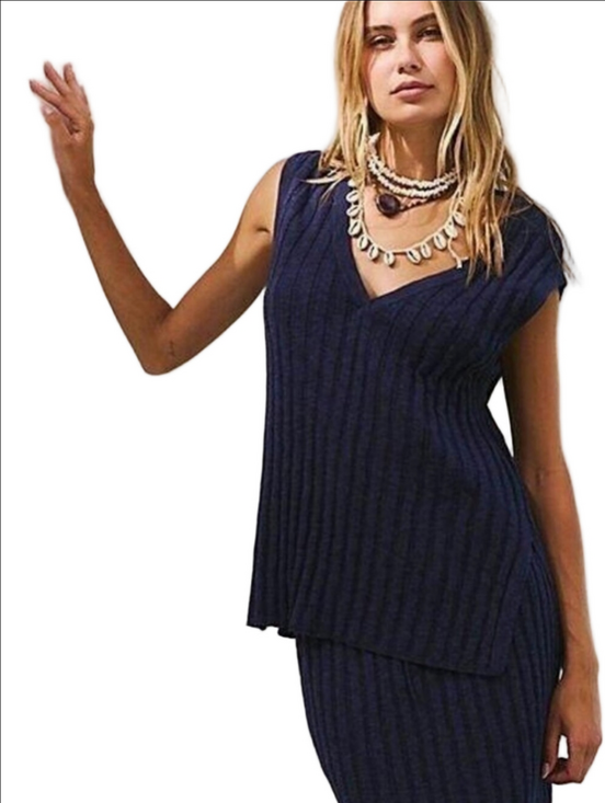 Free People Sweaters - 🆕 FREE PEOPLE BEACH VEDA NAVY BLUE LINEN BLEND V-NECK  RIBBED SWEATER VEST